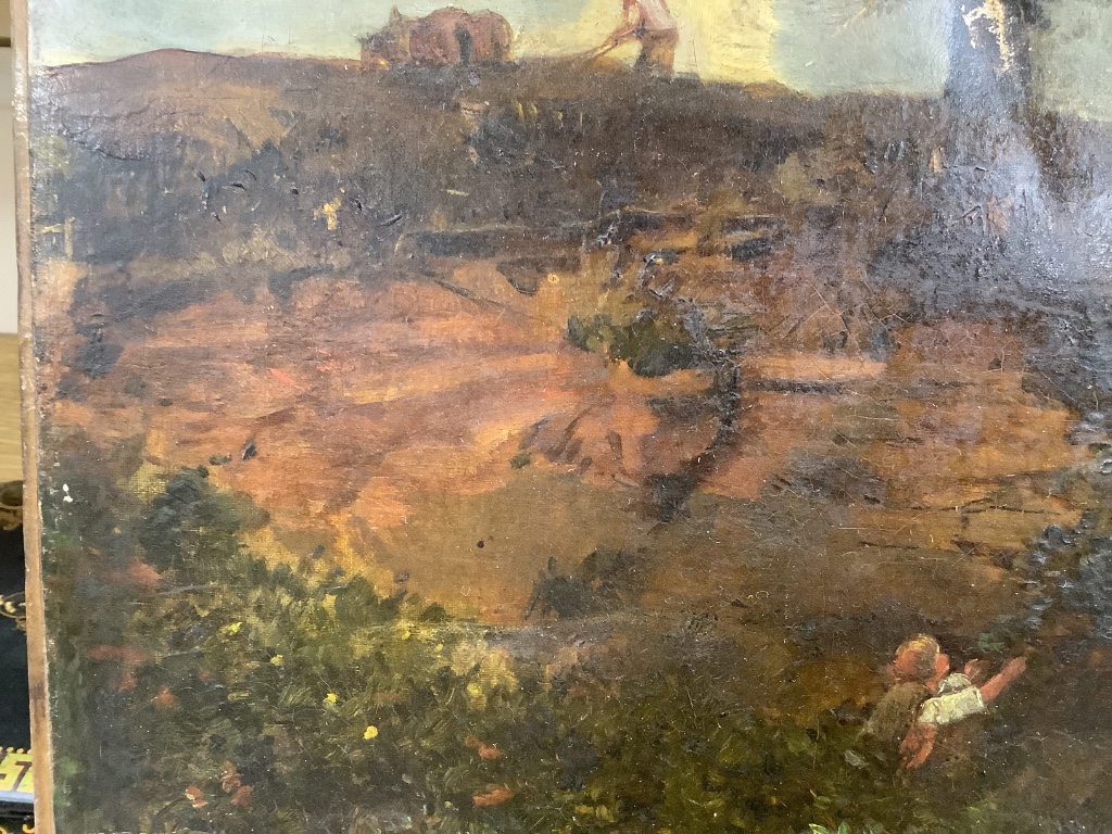 Victorian School, oil on canvas, Figures picking fruit in a landscape, indistinct label verso, 48 x 65cm, unframed